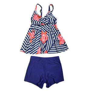 NWOT | Navy & White Striped Floral Skirted Tankini Swim Dress Set | Small